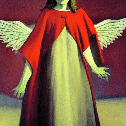 Image similar to sienna portrait of the redwinged angel of death wearing a crimson and sienna robe descending on the spirits in their graves jamie wyeth james gilleard edward hopper oil painting