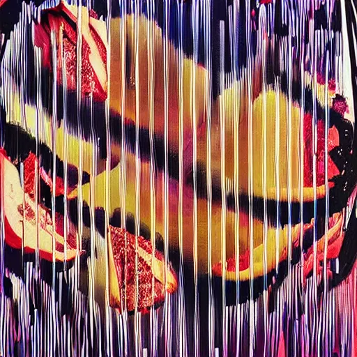 Prompt: slice of apple pie, vertical pinstripes, ryoji ikeda, covered in splashes of paint, vincent di fate, sandra chevrier, a thick slice of apple pie, chesley bonestell, vincent di fate, pop art, apple filling