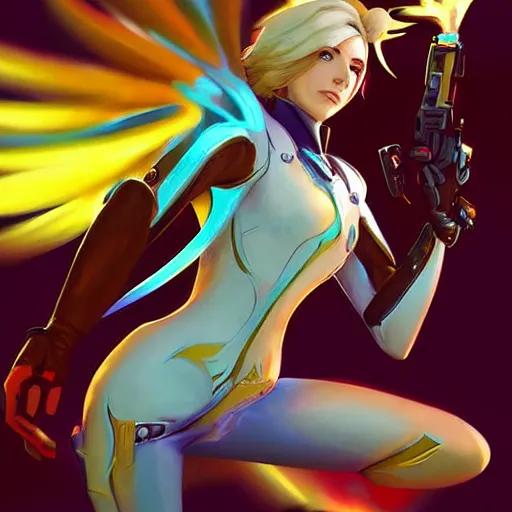 Image similar to mercy ( overwatch ), digital art by android jones and mad dog jones