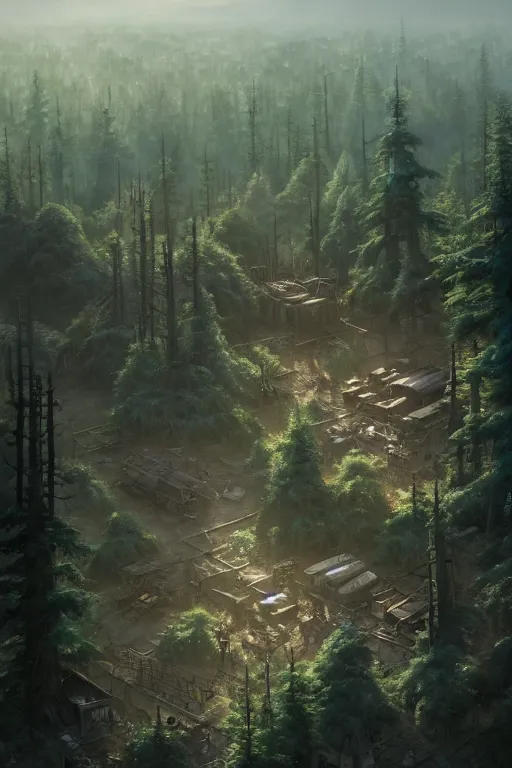 Image similar to a highly detailed matte painting of a post - apocalyptic military encampment in the forest aerial view, by studio ghibli, makoto shinkai, by artgerm, by wlop, by greg rutkowski, volumetric lighting, octane render, 4 k resolution, trending on artstation, masterpiece