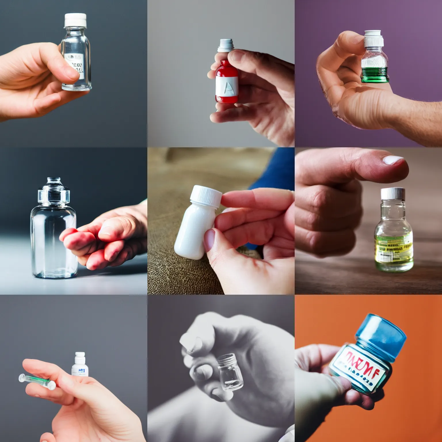 Prompt: a hand holding a small medicine bottle between index finger and thumb