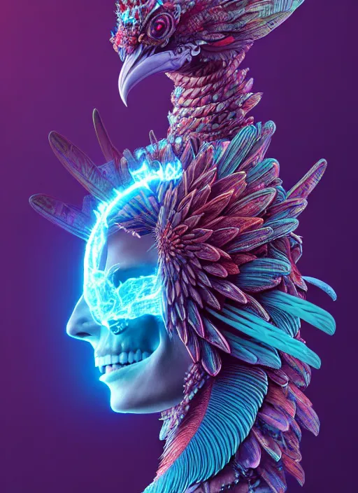 Image similar to 3 d goddess profile portrait, sigma 5 0 0 mm f / 5. beautiful intricate highly detailed quetzalcoatl skull and feathers. bioluminescent, plasma, lava, ice, water, wind, creature, thunderstorm! artwork by tooth wu and wlop and beeple and greg rutkowski, 8 k trending on artstation,