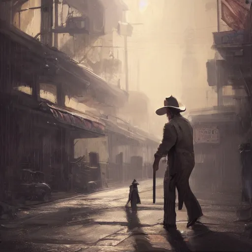 Prompt: portrait of a man with a long duster, grey hair and a cowboy hat walking in a western town, hard good looking face, middle aged, drawn by Ruan Jia, disco elysium art, fantasy art, dramatic lighting, digital art, 8k, highly detailed