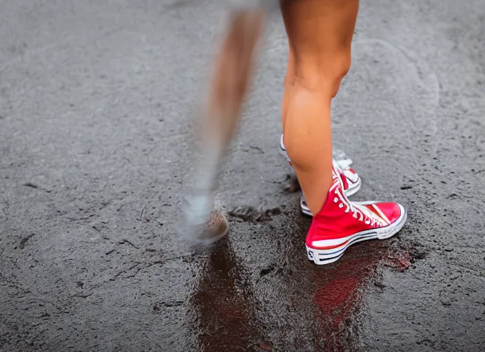 Prompt: side view of the legs of a woman sitting on a curb, short pants, wearing red converse shoes, wet aslphalt road after rain, blurry background, sigma 8 5 mm