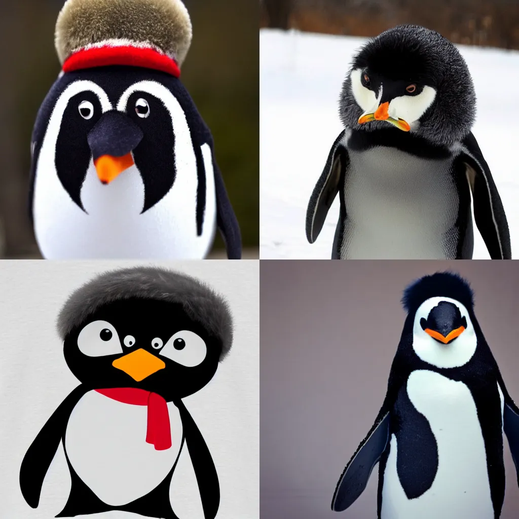 Prompt: penguin wearing a winter ushanka hat on its head. russian ushanka hat