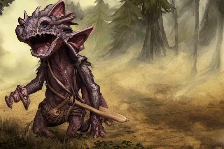 Image similar to a lone d & d kobold, traveling long dirt road, hobo stick over shoulder, fantasy setting, 4 k, super detailed, short draconic humanoid race, digital art