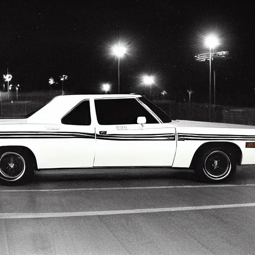 Prompt: candid nighttime photo of a county sheriff livery police car dodge charger 1976 parked in an empty parking lot at night dark midnight