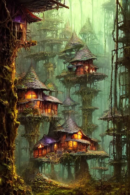 Image similar to a ramshackle multistory fairytale hut in the forest by Bruce Pennington, highly detailed, digital painting, concept art, sharp focus, artstation