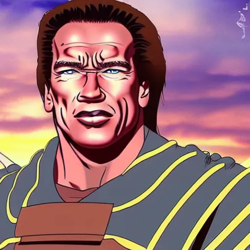 Prompt: arnold schwarzenegger in a myazaki movie, anime, animation, magnificent