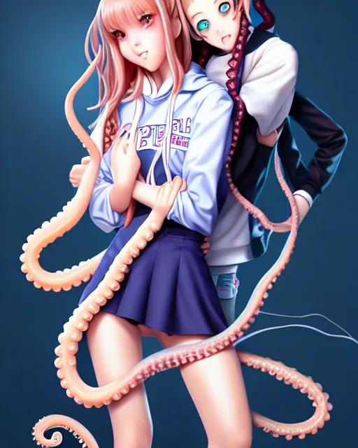 Prompt: a pretty teenage girl as a cute prep highschool student tired eyes is happy to be embraced by a tentacle demon. 8k resolution. high contrast. masterfully illustrated by Artgerm and Mina Petrovic and Range Murata.