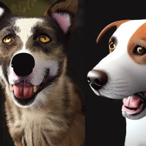 Prompt: two dogs becoming cats, realistic lighting, realistic