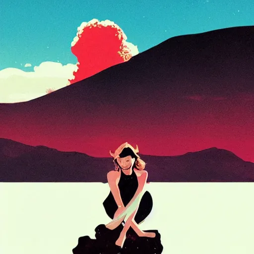 Prompt: girl chilling on a mountain with a nuclear explosion in the background, by conrad roset, digital art