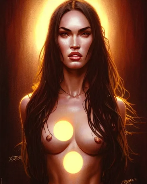 Image similar to portrait of megan fox with sultry face expression, glowing eyes, intricate, headshot, highly detailed, digital painting, artstation, concept art, sharp focus, cinematic lighting, illustration, art by artgerm and greg rutkowski, alphonse mucha, cgsociety