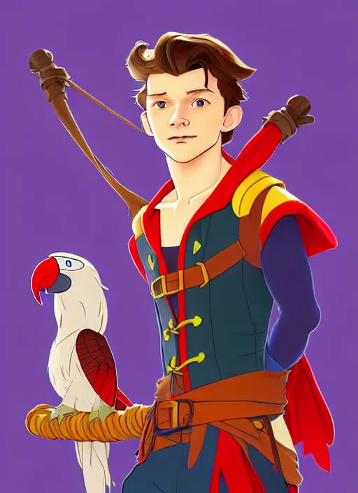 Prompt: cute tom holland as a pirate captain. parrot on his shoulder, natural lighting, path traced, highly detailed, high quality, digital painting, by don bluth and ross tran and studio ghibli and alphonse mucha, artgerm