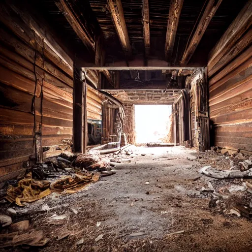 Prompt: Mineshaft, abandoned, flashlight, dust, old wood, rust, darkness , EOS-1D, f/1.4, ISO 200, 1/160s, 8K, RAW, unedited, symmetrical balance, in-frame