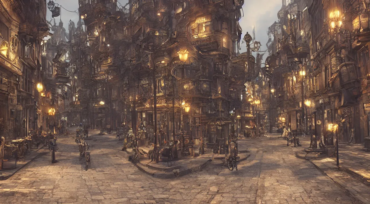 Image similar to steampunk city streets by albert kiefer, trending on artstation, octane render