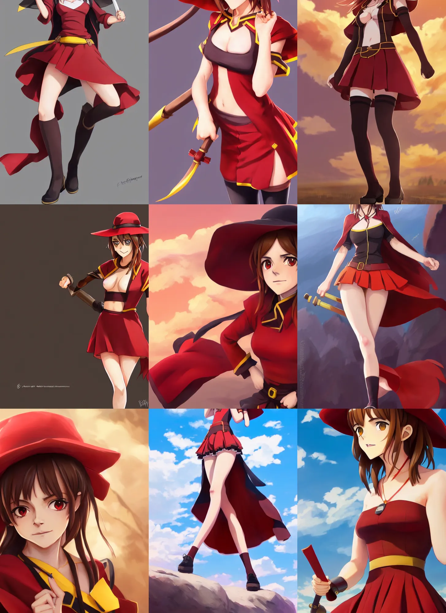 Prompt: attractive Emma Watson as realistic Megumin cosplay from Konosuba, red dress and hat, hourglass slim figure, full body shot close up, seductive smile, details, sharp focus, illustration, Emma Watson photo, by Jordan Grimmer and greg rutkowski, Trending artstation, pixiv, digital Art