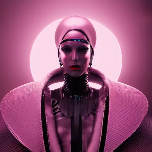 Image similar to evil cyberpunk queen inspired avant-garde art, deco fashion, highly detailed, photorealistic portrait, bright studio setting, studio lighting, crisp quality and light reflections, unreal engine 5 quality render