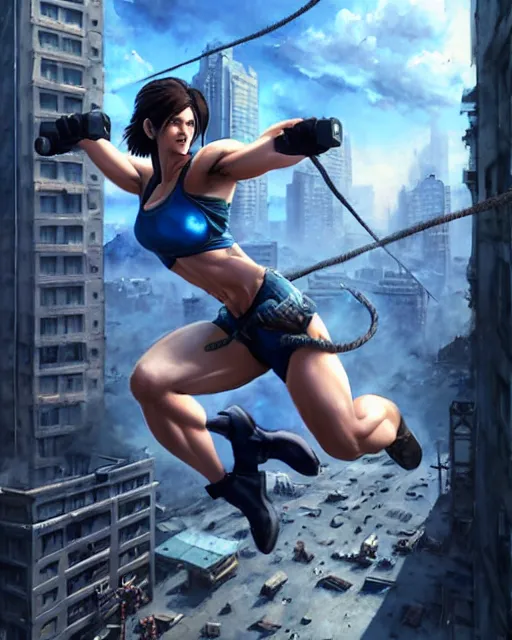 Image similar to gigachad jill valentine bodybuilder jumping from a building fighting with a rope in racoon city, fantasy character portrait, ultra realistic, anime key visual, full body concept art, intricate details, highly detailed by greg rutkowski, ilya kuvshinov, gaston bussiere, craig mullins, simon bisley