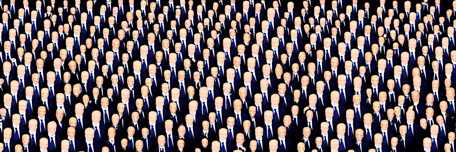 Prompt: photograph of hundreds of clones of joe biden shaking hands and tripping over each other