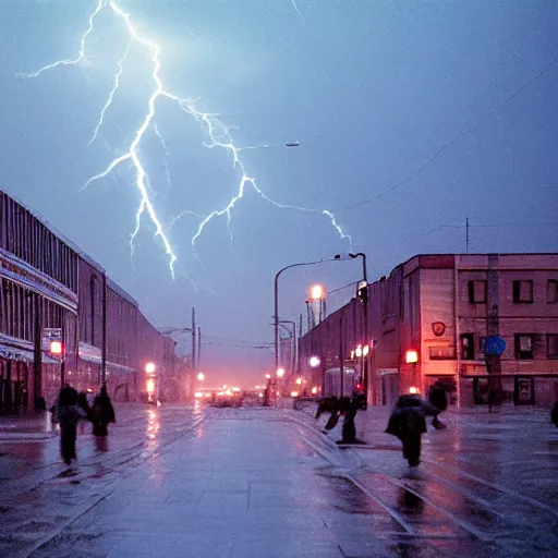 Prompt: 1990s movie , orbit space soviet city Norilsk street with many pedestrians as a loading screen , Cinestill 800t 18mm, heavy grainy picture, very detailed, high quality, 4k panoramic, dramatic lightning, streetlight at night, rain, mud, foggy, soviet flags