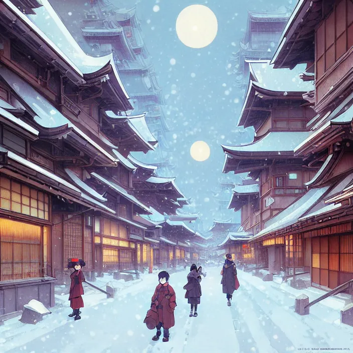 Image similar to empty japanese big city, winter, in the style of studio ghibli, j. c. leyendecker, greg rutkowski, artem