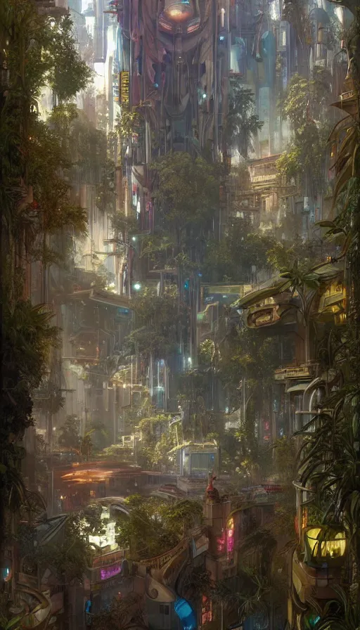 Image similar to hyper realistic cyberpunk city, overtaken by lush plants, gnarly trees by tom bagshaw, mucha, gaston bussiere, craig mullins, j. c. leyendecker 8 k