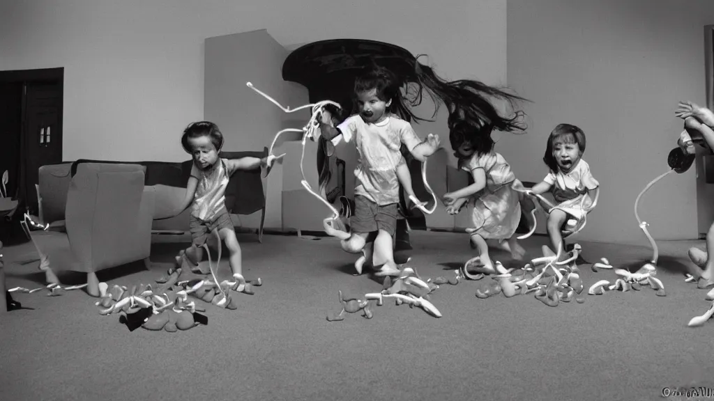 Image similar to 1 9 6 0's children playing with plastic flying tornado - and spiral - shaped toy called