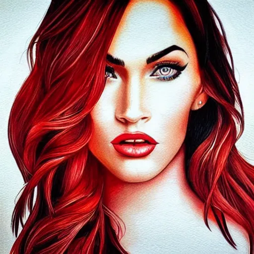 Image similar to “Beautiful Megan Fox Red pencil paintings, only red and white colors, ultra detailed portrait, 4k resolution”