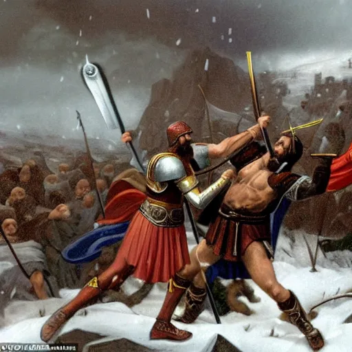 Prompt: ultra realistic leonidas i of sparta and richard the lionheart have a final duel on the snowy peaks, a blizzard is occurring, detailed