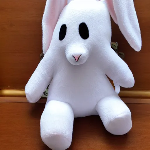 Prompt: single plush stuffed animal bunny, soft fabric, marketing, bright, colorful, void, slightly off, kawaii, creepy, dark color, kids toy