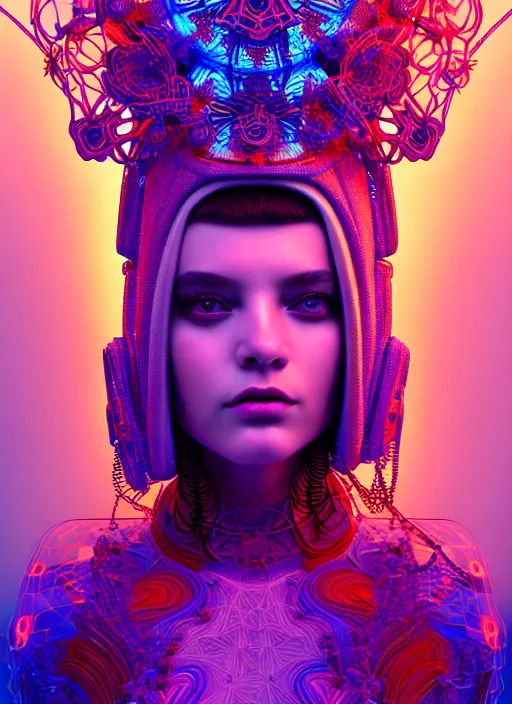 Image similar to three dimensional absurdly beautiful, fashionable futuristic young woman, psychedellic, ayahausca, tryptamine, hyperdetailed illustration by irakli nadar and alexandre ferra, intricate linework, unreal engine 5 highly rendered, global illumination, radiant light, detailed and intricate environment
