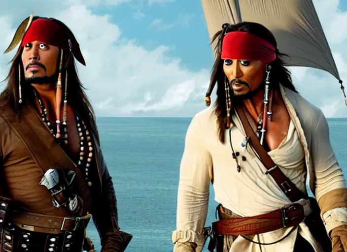 Image similar to film still of dwayne the rock johnson as captain jack sparrow in the new pirates of the carribean movie, 4 k