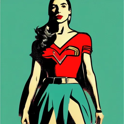 Image similar to full body portrait of gal gadot in the style of bill medcalf, retro, 1 9 5 0, 4 k, detailed, screen print