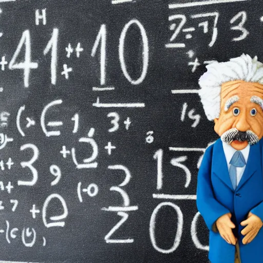 Prompt: miniature claymation albert einstein standing in front of blackboard with lots of mathematical formulas chalked on