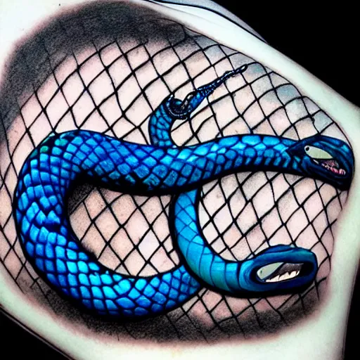 Image similar to “a vicious blue viper snake wrapped around a wonky dagger, blue tint, tattoo style”