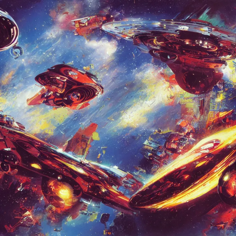 Image similar to spaceship that looks like the kool-aid man bursting into hyperspace, by John Berkey, concept art, space