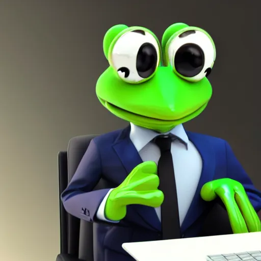 Prompt: Octane render professional portrait of an anthropomorphic blue frog wearing a suit sitting in an office, 8k, very intricate, very detailed,