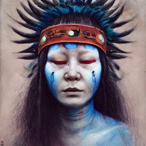 Image similar to A young blindfolded shaman woman with a decorated headband from which blood flows, in the style of heilung, blue hair and wood on her head. The background is a forest on fire, made by Esao Andrews and Karol Bak and Zdzislaw Beksinski,