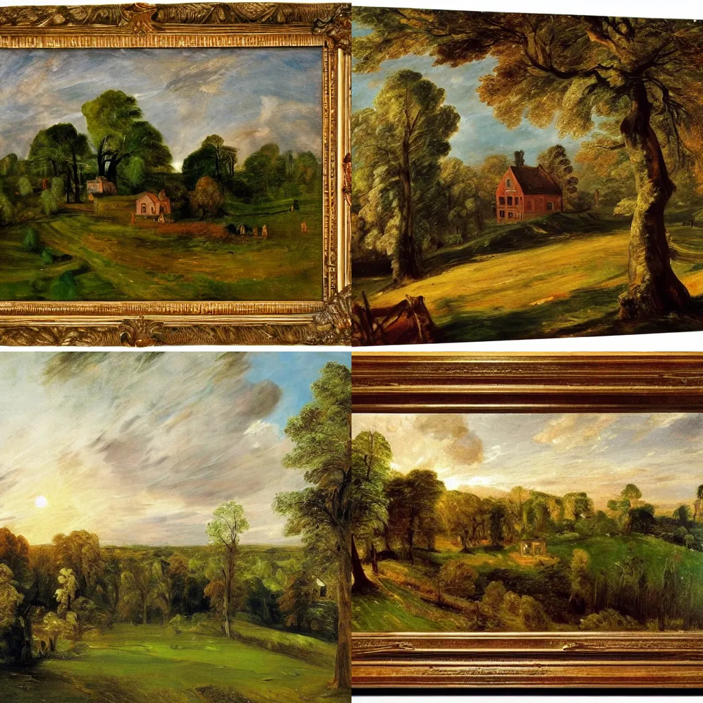 Prompt: a romantic grassy landscape with a singular house during golden hour, a dense mysterious dark forest in the background, warm colors, wide angle, top view, high detail, modern art, oil painting by john constable