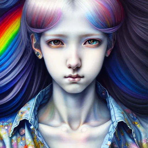 Image similar to a portrait of girl with rainbow hair white shirt, denim shorts, an ultrafine detailed painting by ayami kojima, cgsociety, fantasy, anime digital art, lovecraftian, cosmic horror, detailed painting