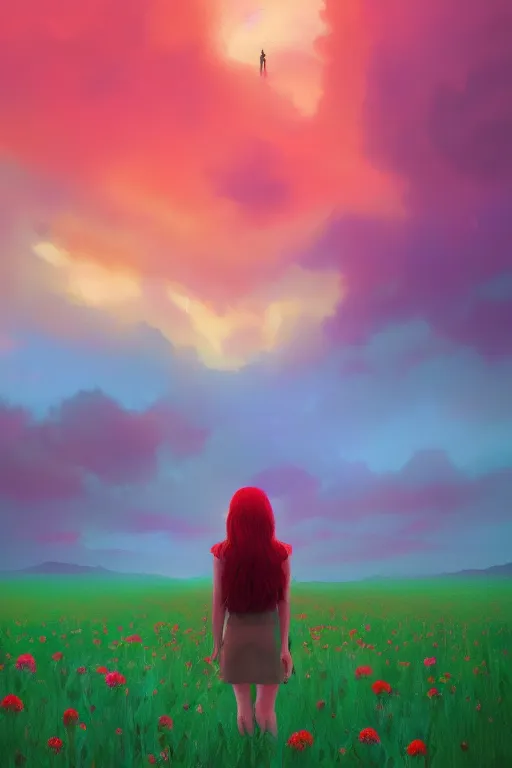 Image similar to red haired girl walking in a flower field, surreal photography, sunrise, dramatic light, impressionist painting, colorful clouds, digital painting, artstation, simon stalenhag