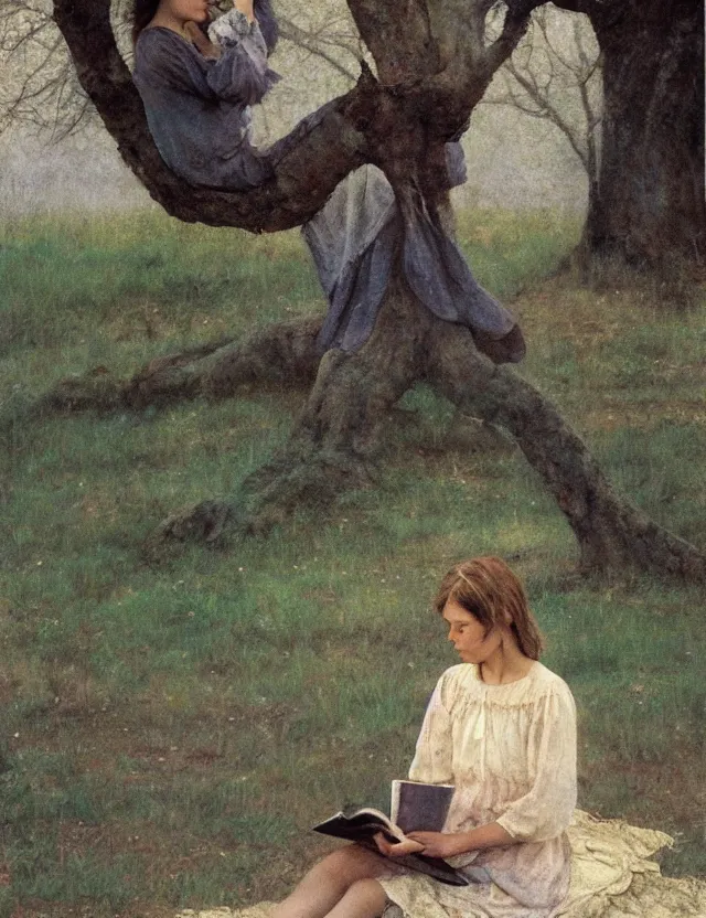 Prompt: peasant girl sitting on a tree and reading a book, polaroid photo bleached vintage pastel colors high - key lighting, soft lights, foggy, by steve hanks, by lisa yuskavage, by serov valentin, by tarkovsky, detailed, oil on canvas