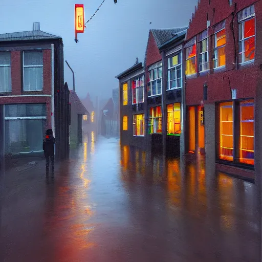 Prompt: maassluis old city center, rainy, wet streets, digital oil painting by simon stalenhag