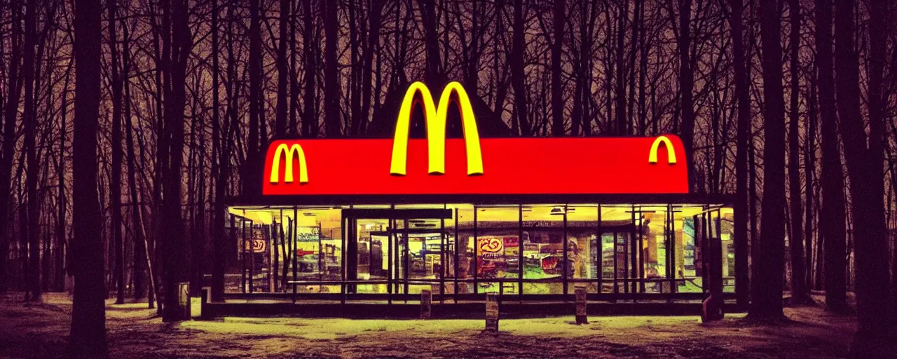 Prompt: shaky overexposed iphone flash photo of mcdonalds in a night forest ethereal photorealistic glowing sign creepy giant creature silhouette