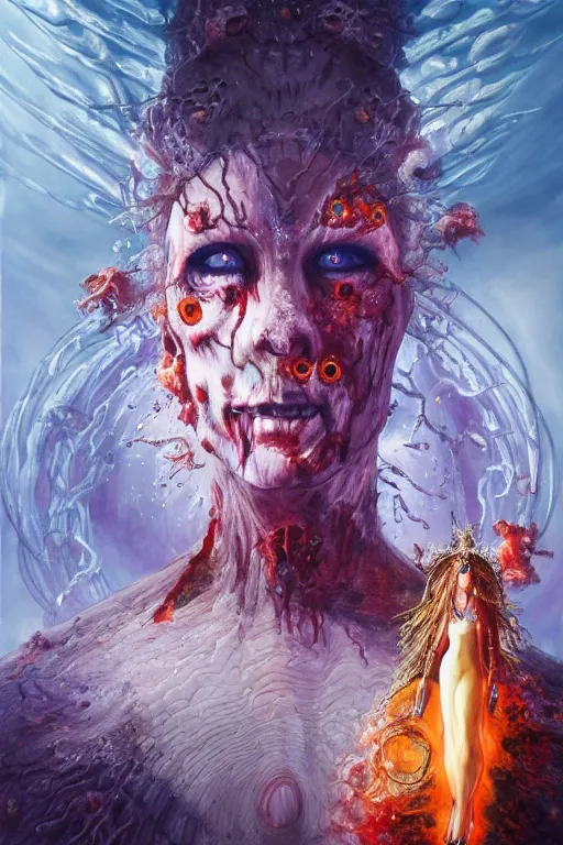 Image similar to beautiful painting of the zombie queen in Space covered in sigils and with an arcane halo by wayne barlowe trending on artstation detailed painting Unreal Engine