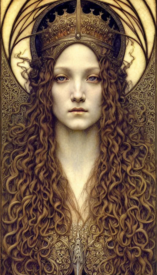 Image similar to detailed realistic beautiful young medieval queen face portrait by jean delville, gustave dore and marco mazzoni, art nouveau, symbolist, visionary, gothic, pre - raphaelite. horizontal symmetry