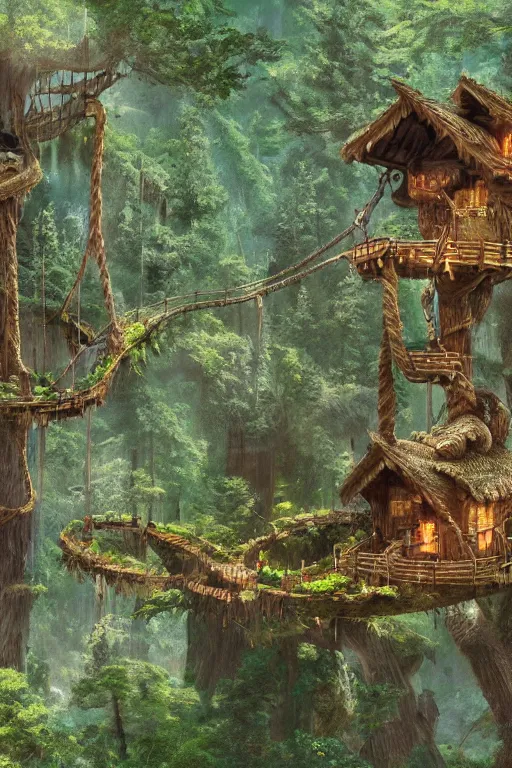 Image similar to various treehouses mounted on giant redwood tree trunks, interconnected by rope bridges, fantasy setting, dense vegetation, very detailed, d & d concept art, 4 k