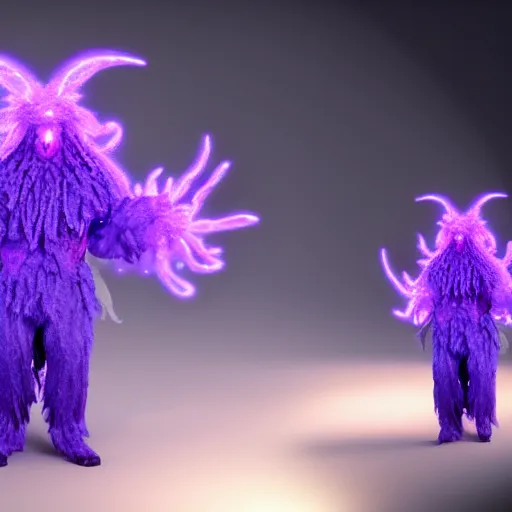 Image similar to a puli made out of tendrils of glowing purple magic, unreal engine, volumetric lighting, artstation