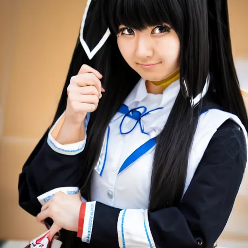 Image similar to a symmetric and beautiful face, full body high definition photo of a cosplayer with twin tails, wearing maid uniform, photo taken with Sony a7R